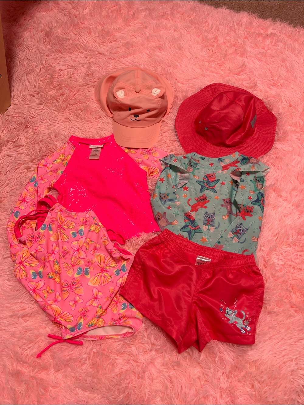 Girls Swim & Beach Set with Hats - Pink Floral & Sea Life